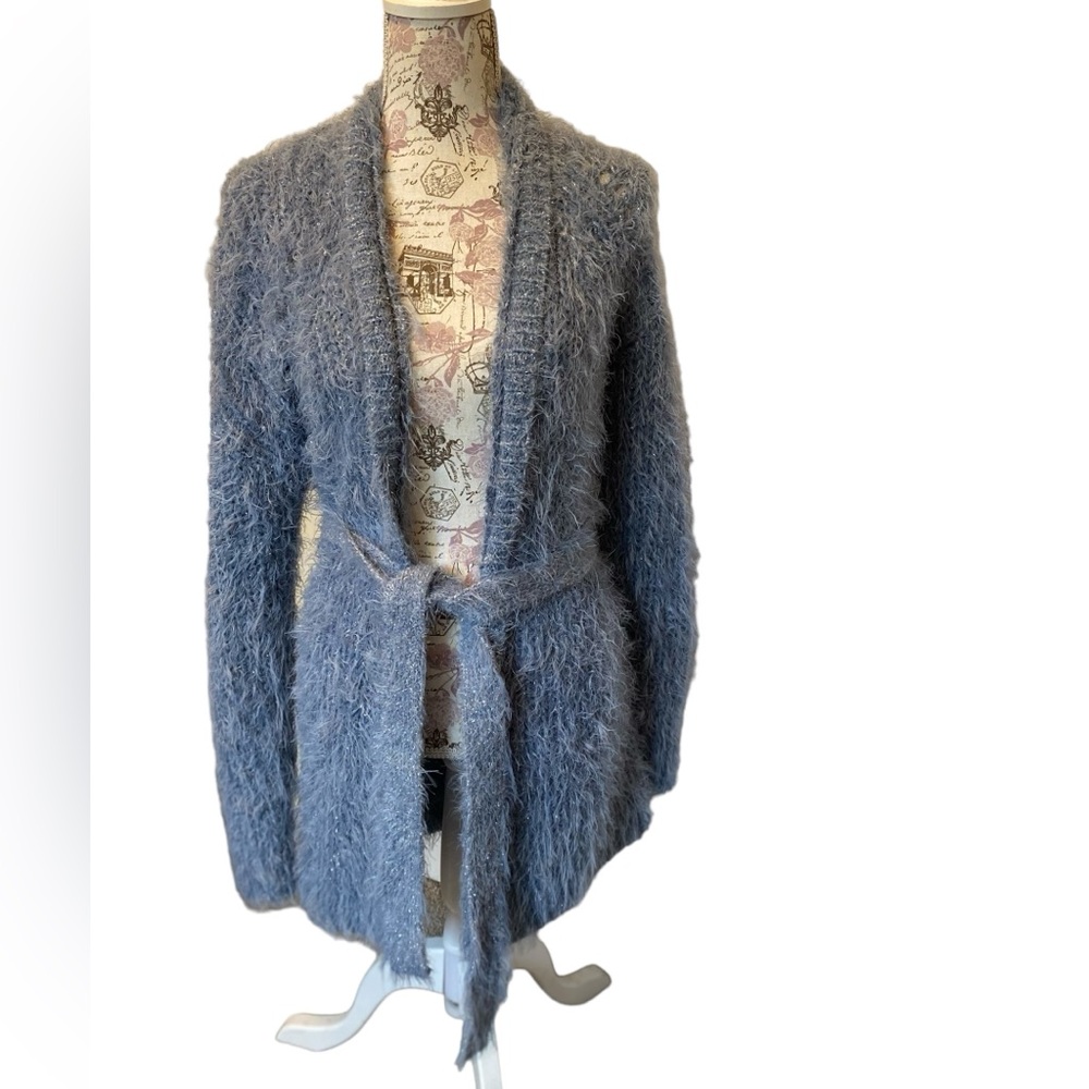 Authentic Anthropologie Belted Cardigan Furry Oversized Ice Blue Metallic